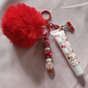 Red Cherry Lip Oil with Pom Pom Keychain